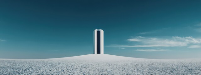 A tall white building stands in the middle of a field