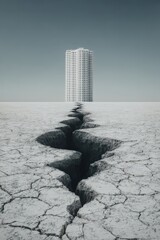 A large building is in the background of a photo of a cracked, broken ground