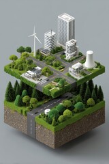 A cityscape is shown in a 3D model, with a road and buildings in the foreground