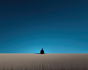 A person is sitting in the middle of a field, looking up at the sky