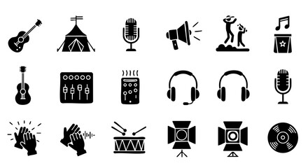 Naklejka premium Glyph Music Event Icon Set in Solid Black Style