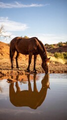 Majestic Brown Horse Drinking from a Still Pool in the Desert.
