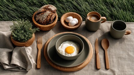 A breakfast table with a plate of eggs and toast, a bowl of eggs