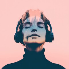 A woman wearing headphones is looking at the camera