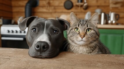 A black dog and a cat are standing on a wooden table