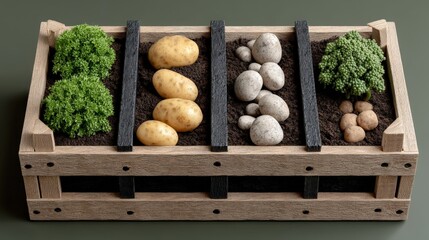 A wooden crate filled with potatoes, mushrooms, and other vegetables