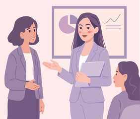 Three businesswomen in conversation in a modern office, with charts in the background. Flat vector style, pastel tones, team collaboration and professional leadership concept.