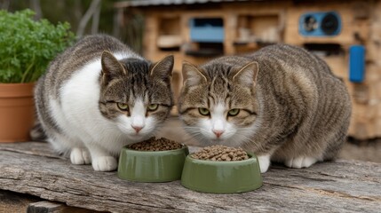 Two cats are eating from two different bowls