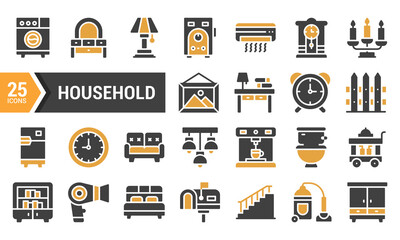 A set of 25 two-color glyph icons for household objects.