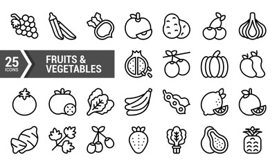 25 Line Icons of Fruits and Vegetables for Design Projects.