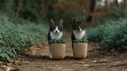 Two cats are standing in a basket with plants