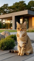 A cat is sitting on a wooden deck in front of a house