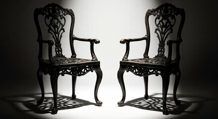 Elegant antique chairs with intricate designs illuminated against a dark background