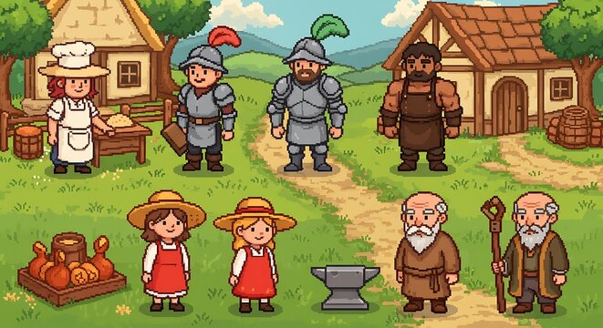 Pixel art characters of medieval villagers in a vibrant, charming village.