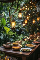 Outdoor dining setup with lights