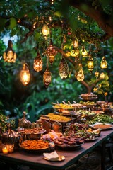 Festive outdoor dining setup with lanterns and buffet food