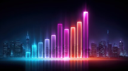 Fototapeta premium Ecommerce Marketing Strategy Concepts. Neon glowing bar chart with a city skyline in the background, symbolizing data growth and urban development in a futuristic digital style.