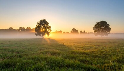 Obraz premium Serene Sunrise Meadow Landscape with Misty Trees.