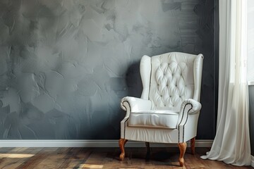 Vibrant Color Visual of Comfy White Wing Chair in a Room with Gray Wall