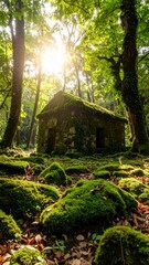 Serene Moss Covered Stone Cottage in Lush Forest Sunlight.