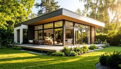 Modern Minimalist House Design with Large Windows and Deck.