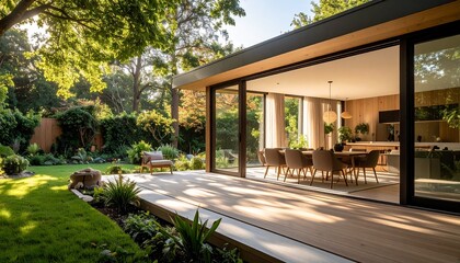 Modern Home Design with Sunlit Deck and Lush Garden.