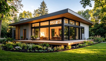 Modern Ranch House with Large Windows and Deck in Lush Green Landscape.