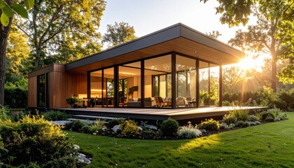 Modern Minimalist House Design in Lush Green Landscape at Sunset.