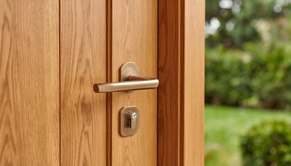 Modern Wooden Door Handle with Garden View New Home Interior Design.