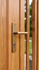 Modern Gold Door Handle on Wooden Gate Garden Entrance Detail.