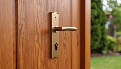 Modern Door Handle on Wooden Door Home Security and Design.