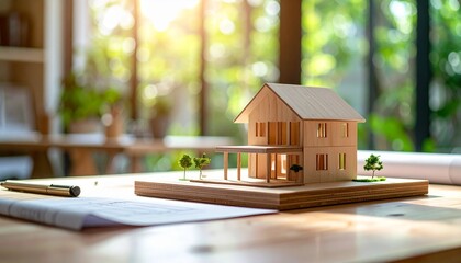 Sustainable Home Design Model on Wooden Table with Blueprints.