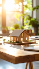 Wooden House Model on Desk in Sunlit Room Home Design Concept.