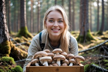 A woman is picking mushrooms in Finland. A woman with wooden crates of mushrooms.