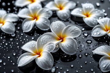 magnificent macro close-up of delicate, pure-white plumeria flowers with intricate yellow centers,