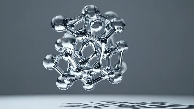 Geometric molecule forms complex network. Atom structure reflects in metal. Chemistry shows nano model shape. Atom joins network of structure. Molecule model defines metal chemistry clearly.