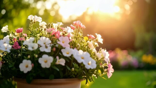 Blooming calibrachoa flowers in a terracotta pot, garden setting at sunny day, soft focus, peaceful environment with sunlight