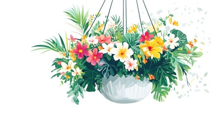 Modern Abstract Vector Design Illustrating a Hanging Basket Brimming with Lush Spring Foliage and Radiant Flowers on White Background