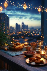Cityscape nighttime view from window, string lights, snacks, candlelit dinner table