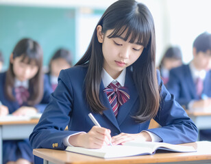 教室で授業の内容をノートに書き写す女子高校生