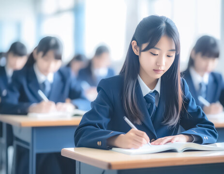 教室で授業の内容をノートに書き写す女子高校生