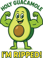 holy guacamole, muscular avocado, cute cartoon character, happy expression, bold green colors, avocado with arms, strong and healthy, vibrant digital illustration, friendly and playful design
