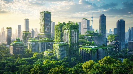 Fototapeta premium Modern urban cityscape with lush greenery integrated into architecture and sustainable design under a bright blue sky