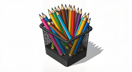Colorful assortment of pencils in a black mesh holder with a shadow effect, illustration