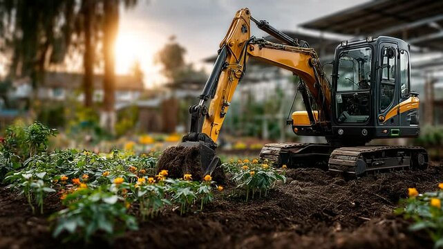 Excavator dig soil in flowers farm, agricultural and industrial machinery footage