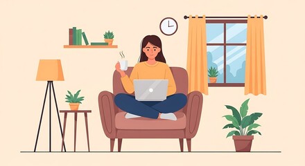 Cozy Home Office Woman Working from Comfortable Armchair with Laptop and Warm Drink