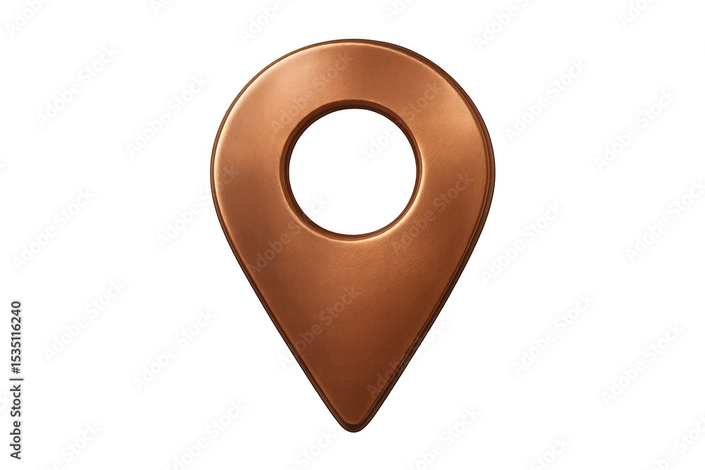 Poster copper metallic map pin marking precise geographic spot against transparent backdrop, highlighting n
