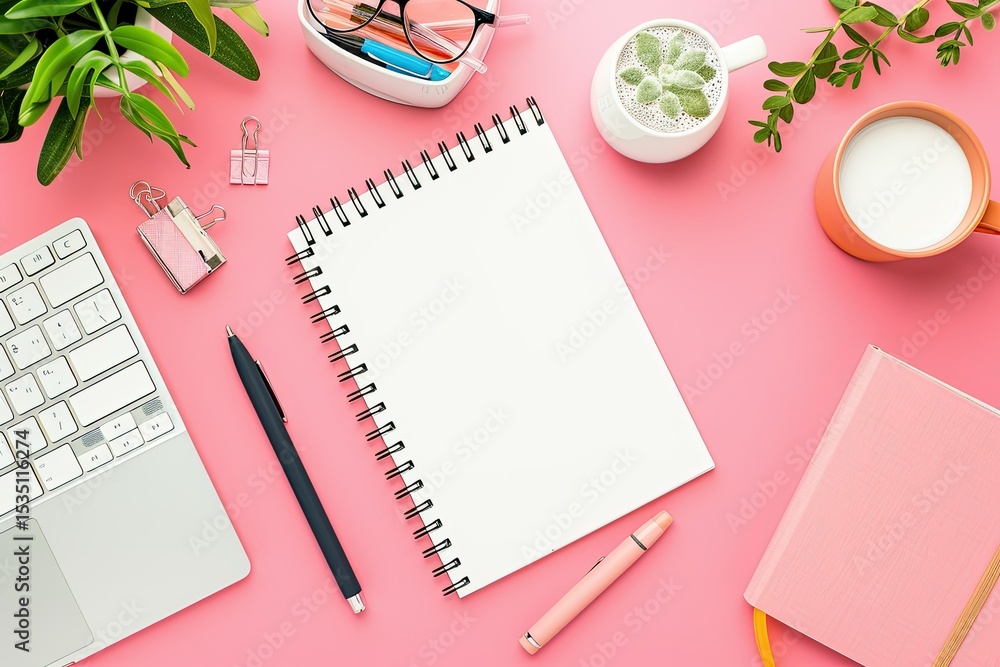 Poster ultra quality picture of blank spiral notepad with stationeries and keyboard on pink background