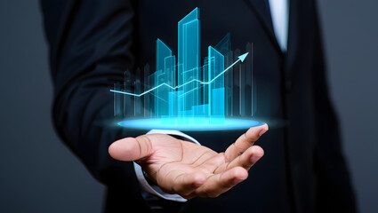 Businessman Holding Holographic Cityscape Representing Growth and Real Estate Development Success