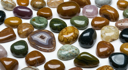 Beautiful assortment of polished gemstones in various colors and shapes displayed on a white background